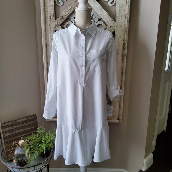 Emily Daniels Women's Small Roll Tab Sleeve Button Collar Flounce Dress in White - Picture 2 of 10